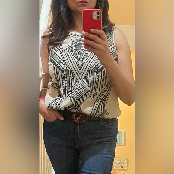 Ya Los Angeles Silk Sheer Art Deco Embroidered Sleeveless Blouse Top Size Medium - Picture 2 of 11